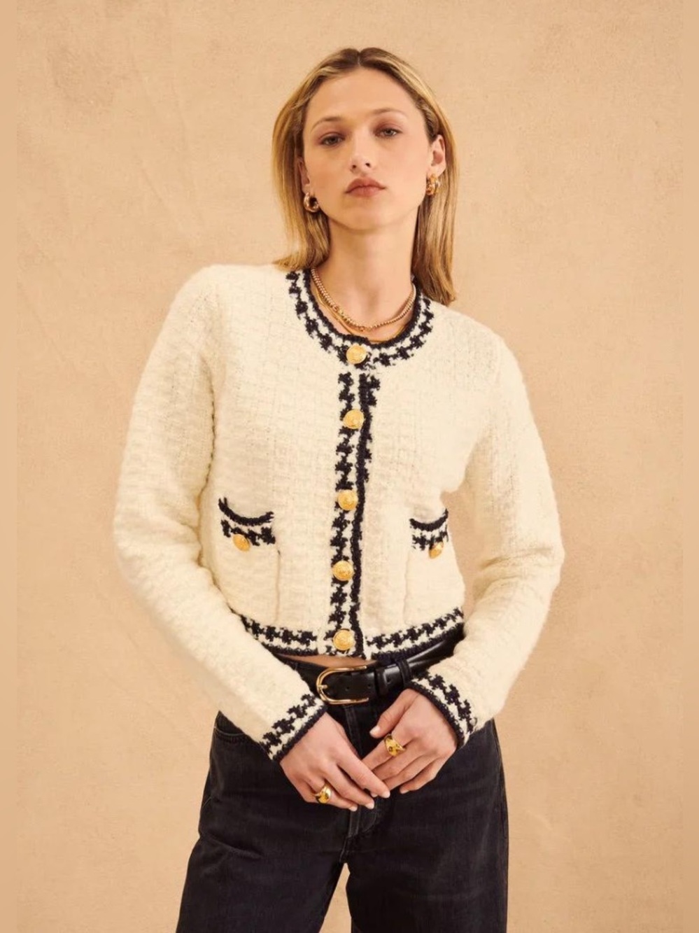 John + Jenn Cream Bouclé Cropped Cardigan with Black Trim and Gold Buttons